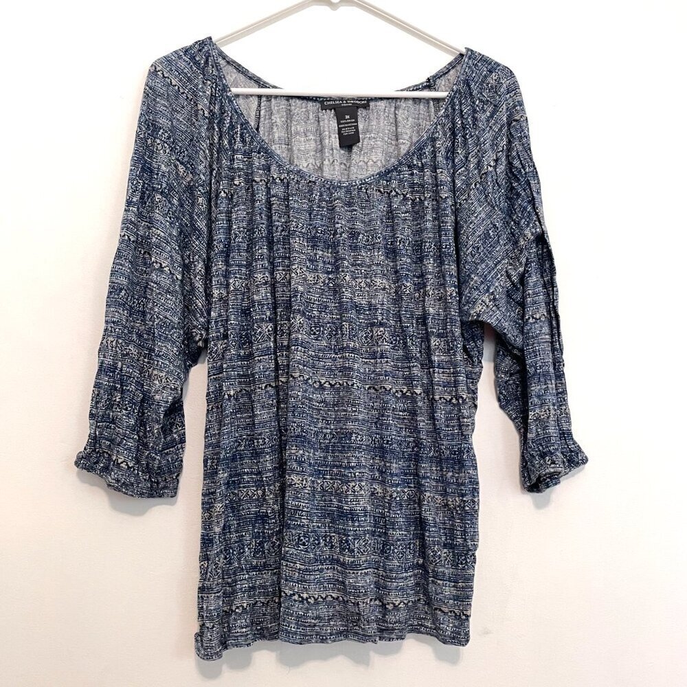 CHELSEA & THEODORE Plus Size Blue Cream Aztec Tribal 3/4 Sleeve Peasant Blouse